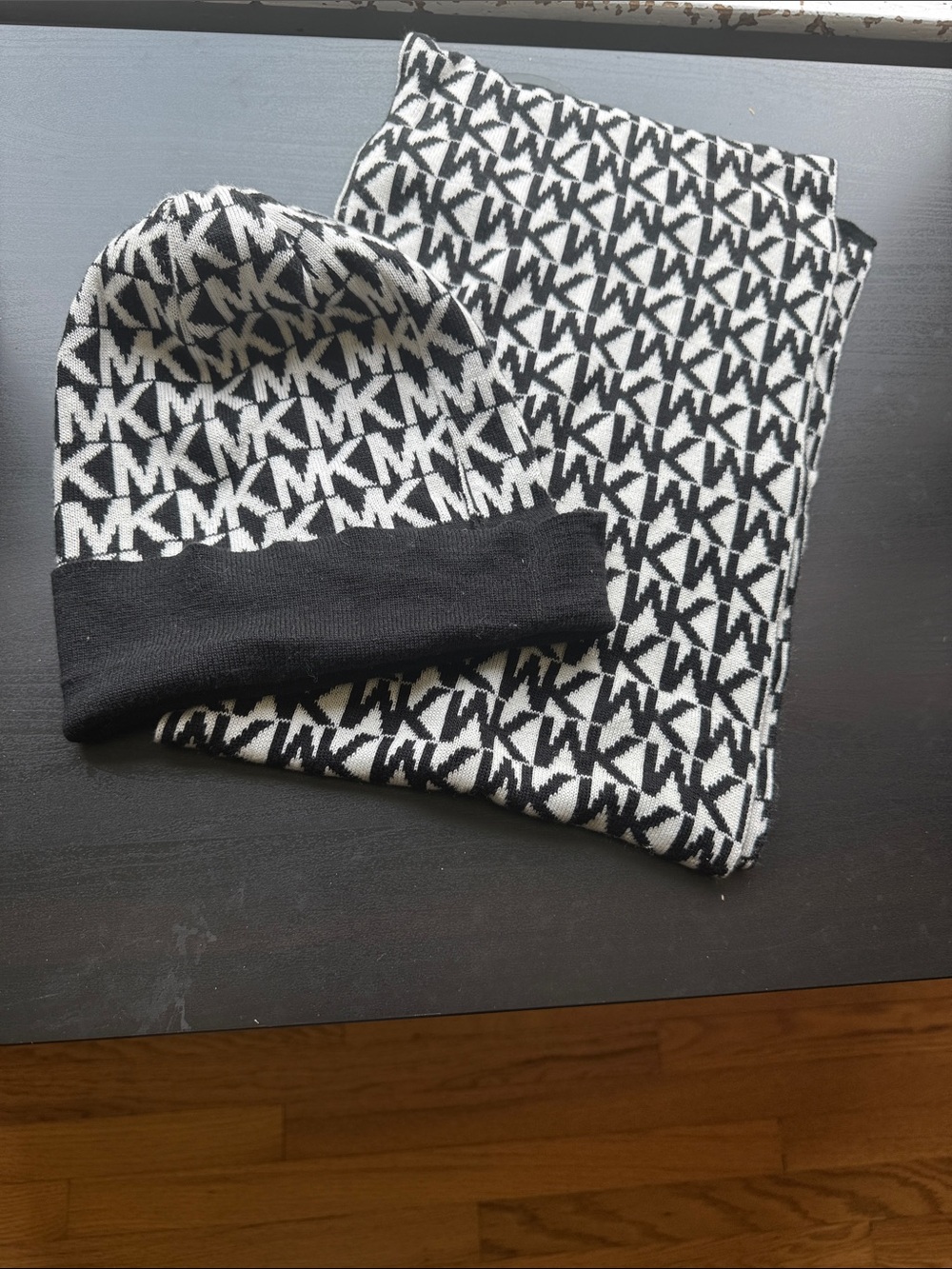Michael Kors Black and White MK Logo Knit Hat & Scarf Set